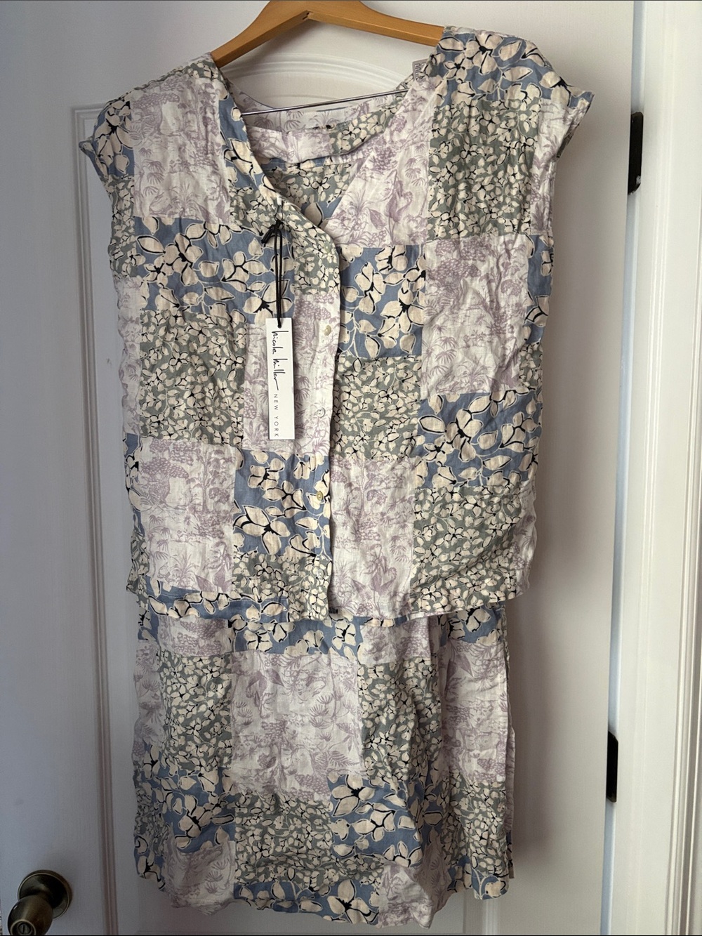 NWT 100% Linen Nicole Miller Patchwork Floral Button-Front Top & Skirt set.